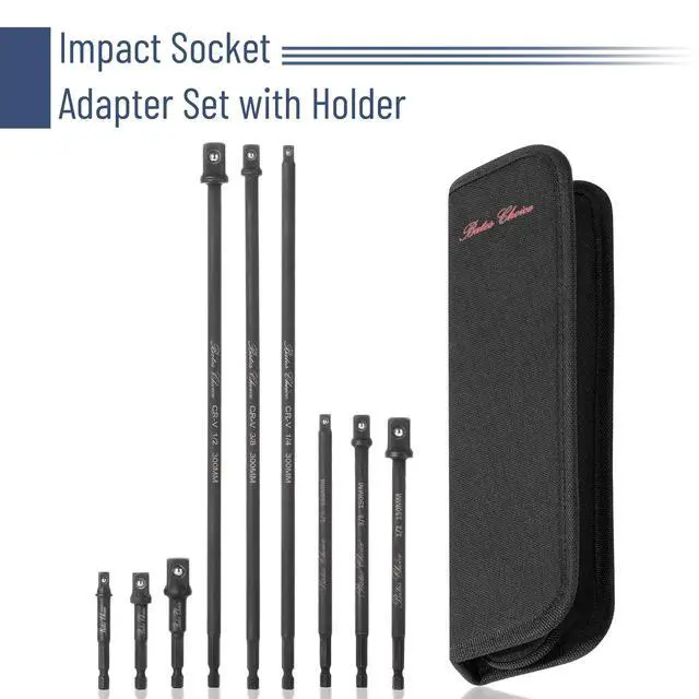 Alt view image 2 of 7 - Impact Socket Adapter Set with Holder, 9 pcs, 40Cr Alloy Steel, 3", 6" & 12" Long, 1/4" Hex Shank, 1/4", 3/8" & 1/2" Drive, Black Oxford Bag, Drill Socket Adapter for Drill
