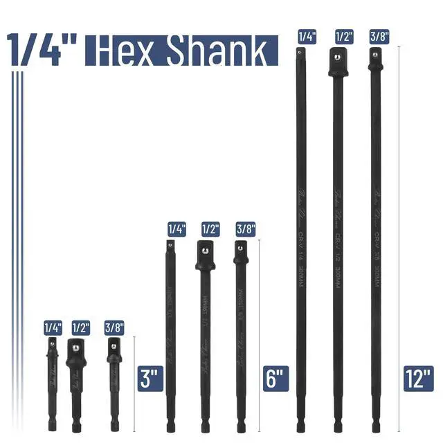 Alt view image 3 of 7 - Impact Socket Adapter Set with Holder, 9 pcs, 40Cr Alloy Steel, 3", 6" & 12" Long, 1/4" Hex Shank, 1/4", 3/8" & 1/2" Drive, Black Oxford Bag, Drill Socket Adapter for Drill