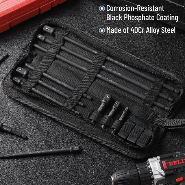 Alt view image 4 of 7 - Impact Socket Adapter Set with Holder, 9 pcs, 40Cr Alloy Steel, 3", 6" & 12" Long, 1/4" Hex Shank, 1/4", 3/8" & 1/2" Drive, Black Oxford Bag, Drill Socket Adapter for Drill