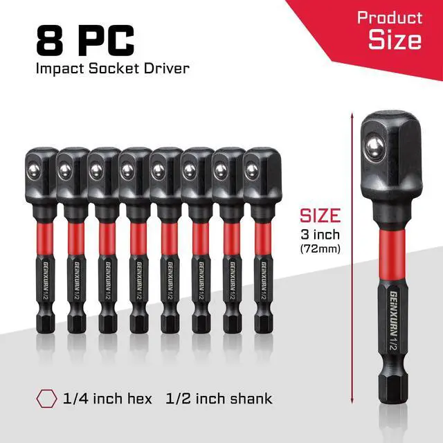 Alt view image 2 of 7 - 8Pcs Impact Socket Adapter Set,1/2" Drive Square, 3 Inches Extension Bit Socket Driver Set, Adapt Your Power Drill to High Torque Impact Wrench