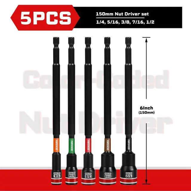 Alt view image 2 of 7 - Impact Nut Driver Set, 5 Pieces 6Long 1/45/163/87/161/26 Point Alloy Steel Magnetic SAE Nut Setter Set Use For Require Installing 1/4 Hex Shank Impact Driver with Case Box