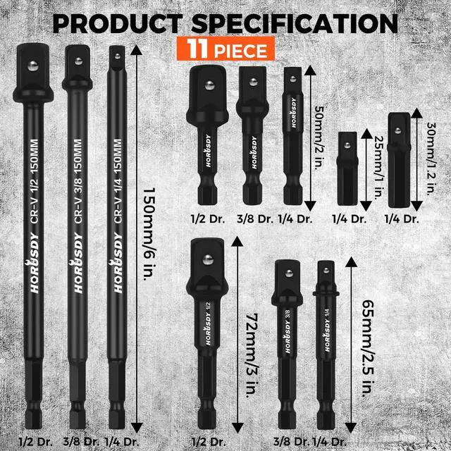Alt view image 3 of 7 - 11-Piece Impact Socket Adapter Set, 1/4-Inch Hex Shank, Cr-V Steel High Torque Drill Extension Bits, 1/4" 3/8" 1/2" Impact Driver Socket Adapters with Storage Holder