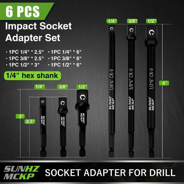 Alt view image 2 of 7 - 6-Piece Impact Socket Adapter Set for Drill, 3-Inch & 6-Inch Hex Shank Extension Bit, 1/4" 3/8" 1/2" Drive Socket Adapters with Holder, For Power Drill & Impact Wrench