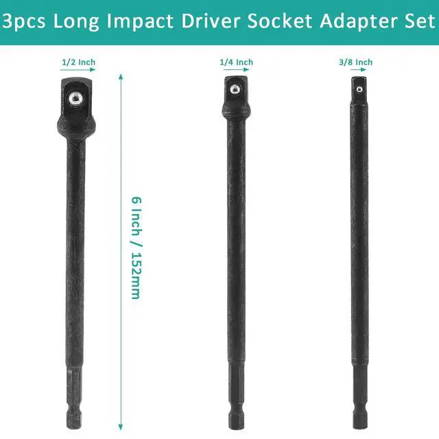 Alt view image 3 of 5 - 3pcs 6 Inch Long Impact Driver Socket Adapter Set, 1/4 Inch Hex Shank Impact Socket Extension, 1/4, 3/8, 1/2 Inch Square Socket Drill Bits Bar Extension Set Power Wrench Adapter Kit
