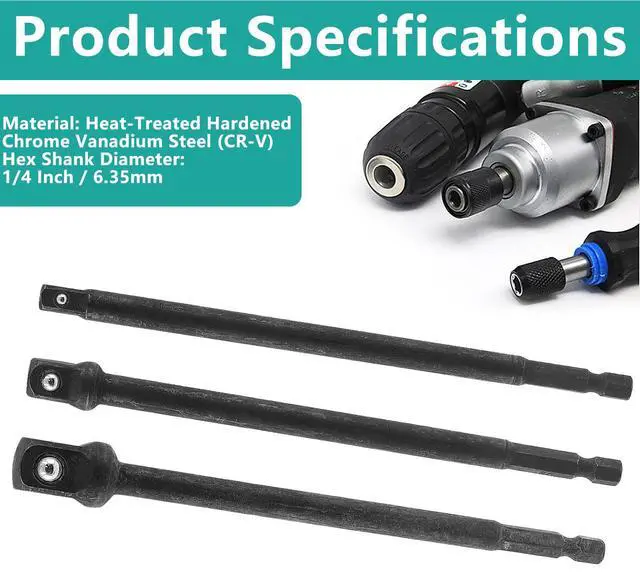 Alt view image 4 of 5 - 3pcs 6 Inch Long Impact Driver Socket Adapter Set, 1/4 Inch Hex Shank Impact Socket Extension, 1/4, 3/8, 1/2 Inch Square Socket Drill Bits Bar Extension Set Power Wrench Adapter Kit
