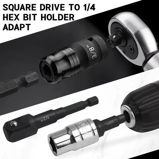 Alt view image 3 of 6 - 6-Piece Impact Socket Adapter Set, 1/4" 3/8" 1/2" Square Drive to 1/4" Hex Bit Holder & Hex Shank Drill Socket Adapter, Quick Release Cr-Mo Adapters for Impact Wrench, Power Drill, Driver