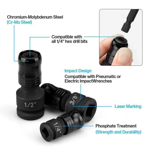 Alt view image 2 of 6 - 6-Piece Impact Socket Adapter Set, 1/4" 3/8" 1/2" Square Drive to 1/4" Hex Bit Holder & Hex Shank Drill Socket Adapter, Quick Release Cr-Mo Adapters for Impact Wrench, Power Drill, Driver