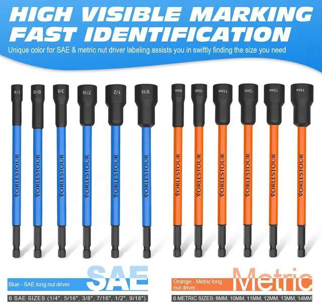 Alt view image 2 of 7 - 12PCS Nut Driver Set for Impact Drill, Magnetic SAE/Metric 1/4" Hex Shank Nut Drivers, 6 Inch Extra Long Socket Set for Drill with Sturdy Tool Box, Hand Tools for Men/Women to DIY and Repair Car