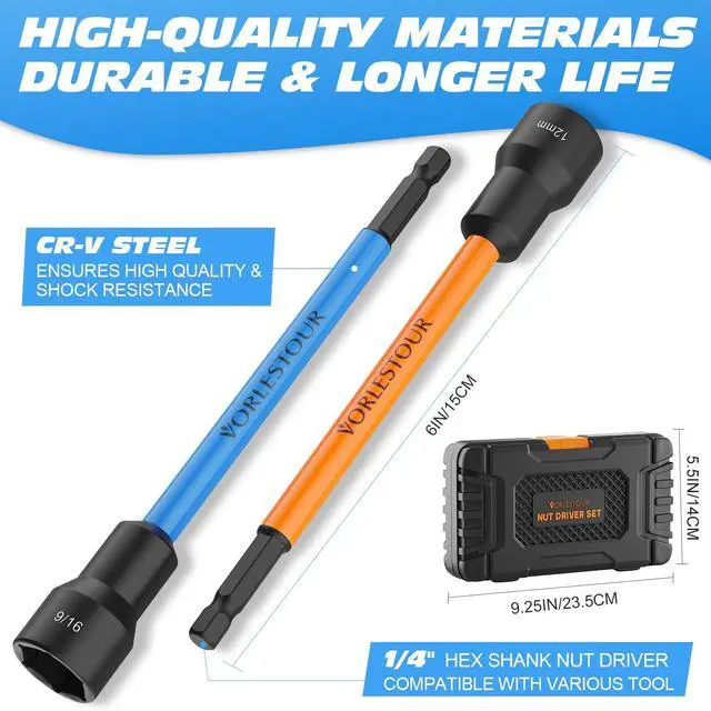 Alt view image 3 of 7 - 12PCS Nut Driver Set for Impact Drill, Magnetic SAE/Metric 1/4" Hex Shank Nut Drivers, 6 Inch Extra Long Socket Set for Drill with Sturdy Tool Box, Hand Tools for Men/Women to DIY and Repair Car