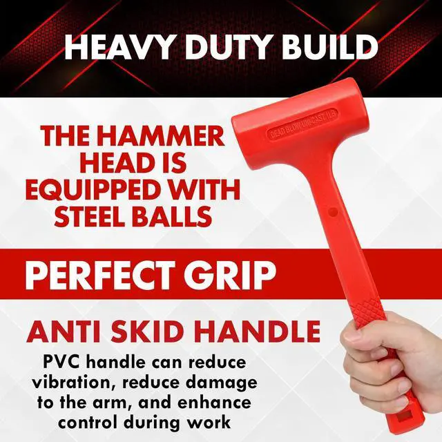 Alt view image 3 of 7 - 1LB Dead Blow Hammer- Red, Mallet | Machinist Tools | Unibody Molded | Checkered Grip | Spark and Rebound Resistant