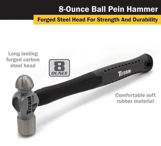 Alt view image 2 of 5 - 63308 8oz Ball Pein Hammer, Forged Steel Head, 11" Shock Absorbing Fiberglass Handle with Textured Rubber Grip
