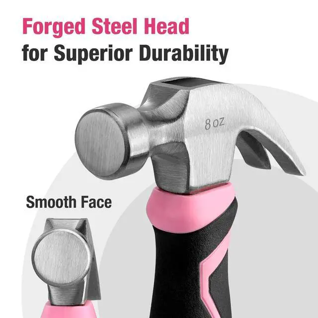Alt view image 3 of 7 - 8 oz Claw Hammer with Fiberglass Handle, All Purpose Hammer with Forged Hardened Steel Head, Pink Ribbon