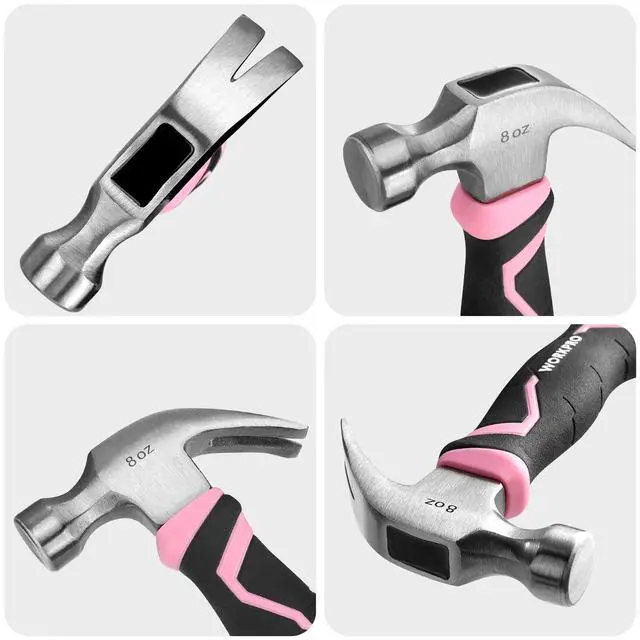 Alt view image 5 of 7 - 8 oz Claw Hammer with Fiberglass Handle, All Purpose Hammer with Forged Hardened Steel Head, Pink Ribbon