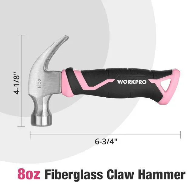 Alt view image 2 of 7 - 8 oz Claw Hammer with Fiberglass Handle, All Purpose Hammer with Forged Hardened Steel Head, Pink Ribbon