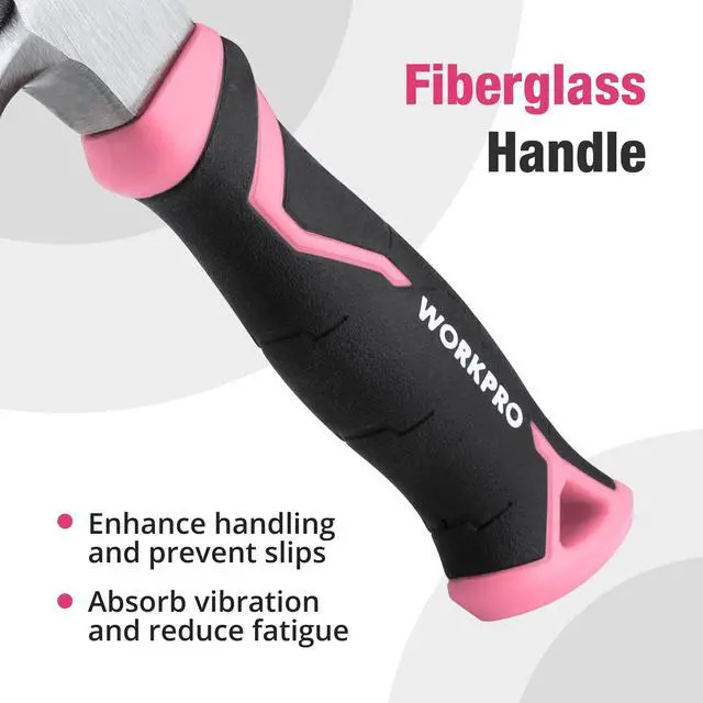 Alt view image 4 of 7 - 8 oz Claw Hammer with Fiberglass Handle, All Purpose Hammer with Forged Hardened Steel Head, Pink Ribbon