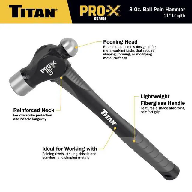 Alt view image 2 of 7 - Pro-X 63707 8oz Ball Pein Hammer, 11" Shock Absorbing Fiberglass Handle with Textured Rubber Grip, Overstrike Protection, Forged Steel Head