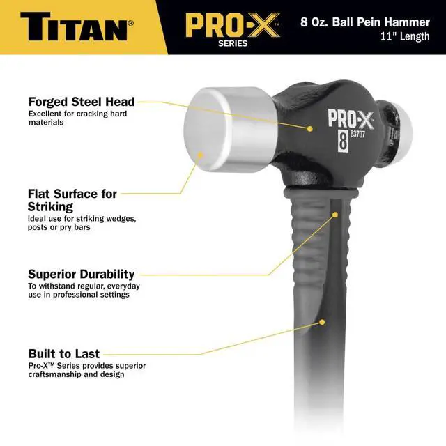 Alt view image 3 of 7 - Pro-X 63707 8oz Ball Pein Hammer, 11" Shock Absorbing Fiberglass Handle with Textured Rubber Grip, Overstrike Protection, Forged Steel Head