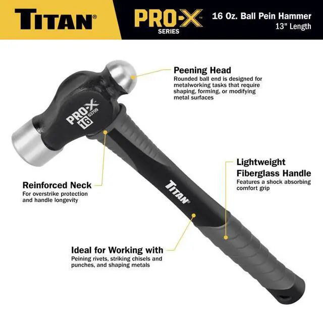Alt view image 2 of 7 - Pro-X 63709 16oz Ball Pein Hammer, 13" Shock Absorbing Fiberglass Handle with Textured Rubber Grip, Overstrike Protection, Forged Steel Head