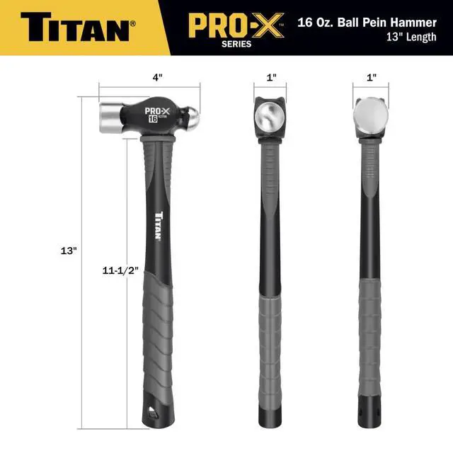 Alt view image 5 of 7 - Pro-X 63709 16oz Ball Pein Hammer, 13" Shock Absorbing Fiberglass Handle with Textured Rubber Grip, Overstrike Protection, Forged Steel Head