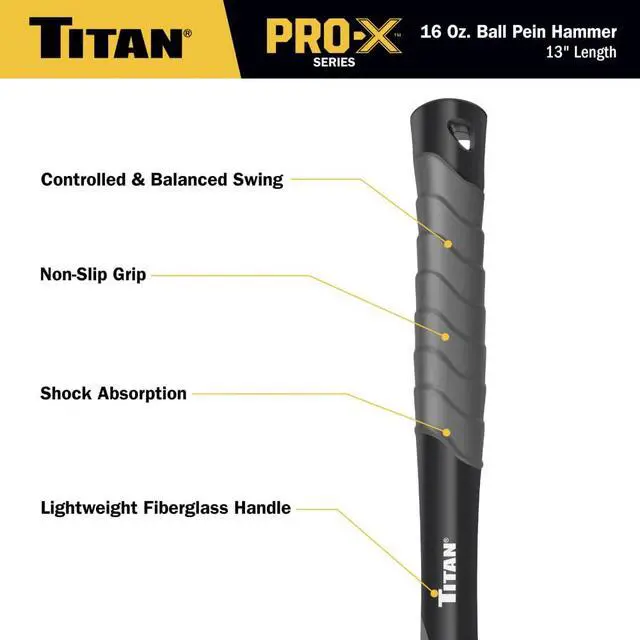 Alt view image 4 of 7 - Pro-X 63709 16oz Ball Pein Hammer, 13" Shock Absorbing Fiberglass Handle with Textured Rubber Grip, Overstrike Protection, Forged Steel Head