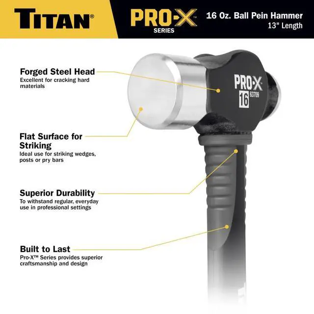 Alt view image 3 of 7 - Pro-X 63709 16oz Ball Pein Hammer, 13" Shock Absorbing Fiberglass Handle with Textured Rubber Grip, Overstrike Protection, Forged Steel Head