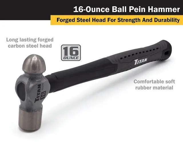 Alt view image 2 of 4 - 63316 16oz Ball Pein Hammer, Forged Steel Head, 12.5" Shock Absorbing Fiberglass Handle with Textured Rubber Grip