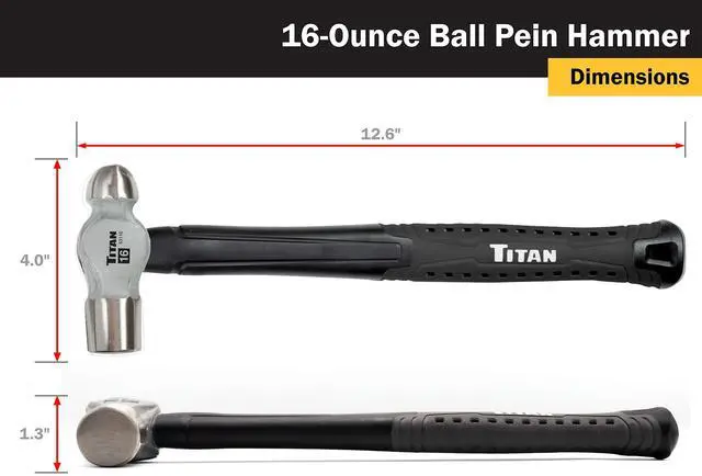 Alt view image 3 of 4 - 63316 16oz Ball Pein Hammer, Forged Steel Head, 12.5" Shock Absorbing Fiberglass Handle with Textured Rubber Grip