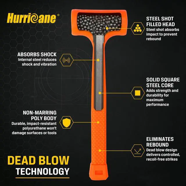 Alt view image 4 of 7 - 2 LB Dead Blow Hammer, No-Rebound Mallet with Solid Steel Core Handle, Spark-Resistant & Non-Marring, for Auto Body, Woodworking & Tile Work