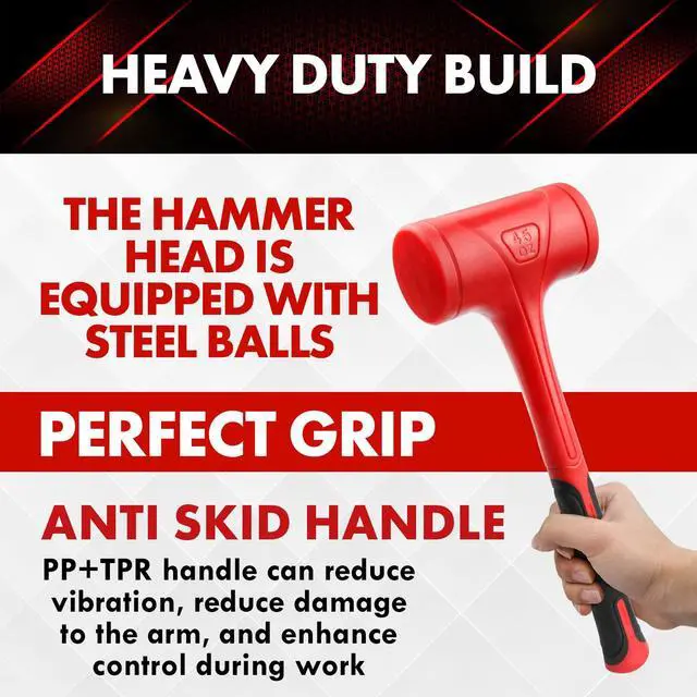 Alt view image 5 of 7 - Dead Blow Hammer-45oz(3LB), Red and Black, Shockproof Design, No ReboundMallet Machinist Tools Unibody Molded Checkered Grip Spark and Rebound Resistant (YY-3-011)