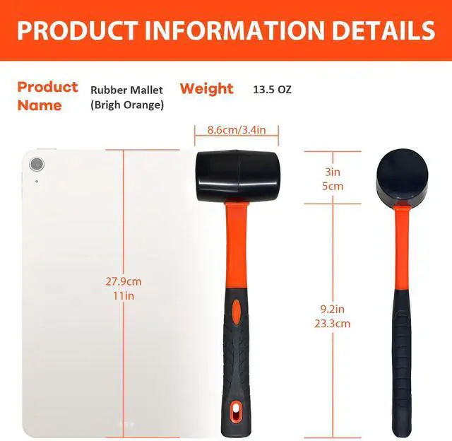 Alt view image 4 of 7 - Rubber Mallet with Soft Hammer Head - 13.5 oz Rubber Mallet Hammer, Rubber Mallets Hammer for Woodworking, Flooring, Tile, Furniture Assembly, Fencing, & Woodwork Projects.Bright Orange