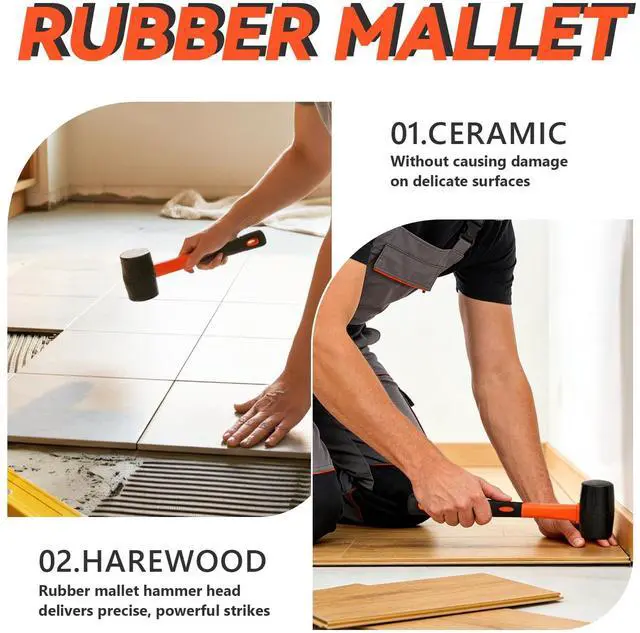 Alt view image 5 of 7 - Rubber Mallet with Soft Hammer Head - 13.5 oz Rubber Mallet Hammer, Rubber Mallets Hammer for Woodworking, Flooring, Tile, Furniture Assembly, Fencing, & Woodwork Projects.Bright Orange