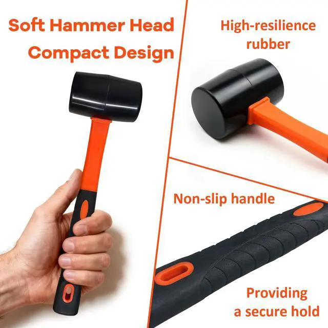 Alt view image 7 of 7 - Rubber Mallet with Soft Hammer Head - 13.5 oz Rubber Mallet Hammer, Rubber Mallets Hammer for Woodworking, Flooring, Tile, Furniture Assembly, Fencing, & Woodwork Projects.Bright Orange