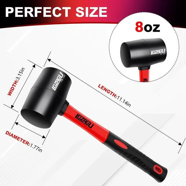 Alt view image 3 of 5 - 8oz Rubber Mallet Hammer, Fiberglass Handle, Rubber Mallet for Flooring, Tent Stakes, Woodworking, Camping, Soft Blow Tasks without Damage