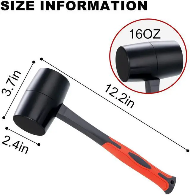 Alt view image 2 of 6 - Rubber Mallet 16 oz, Durable Rubber Hammer Head with Fiberglass Handle, Great for Flooring, Tent Stakes, Camp Trips, Woodworking, DIY Projects Home Decoration and Soft Blow Tasks without Damage