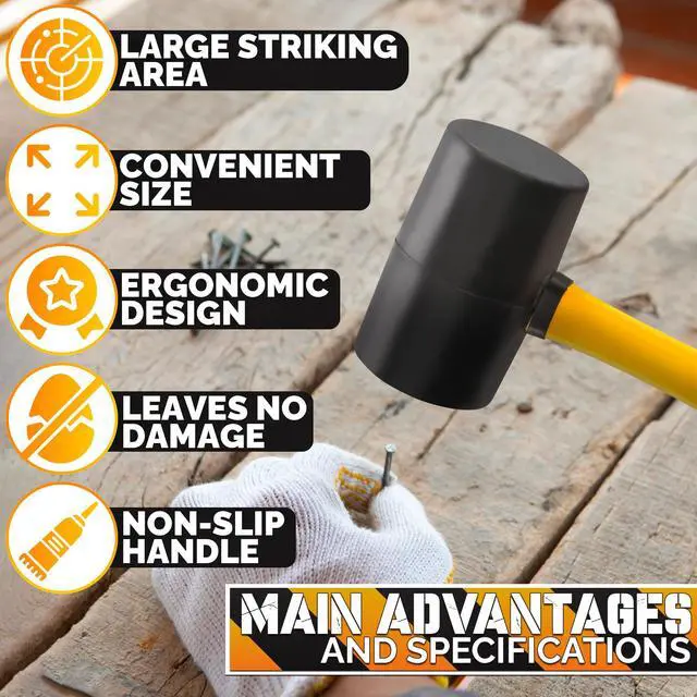 Alt view image 4 of 7 - 16 Oz Rubber Mallet Hammer - Rubber Hammer Mallet with Durable and Ergonomic Handle, Anti-Vibrating Design for Efficient Work - Good for DIY, Woodworking, Flooring, Camping, Tent Stakes and Upholstery