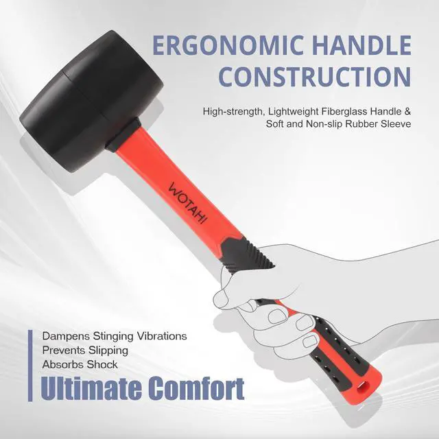 Alt view image 4 of 6 - 16 oz Rubber Mallet Hammer with Double Faced Solid Head and Soft Grip Fiberglass Handle