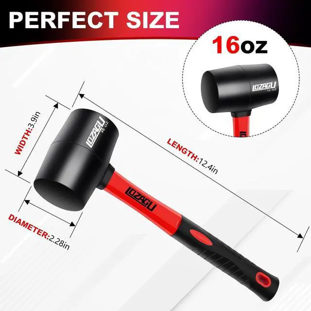 Alt view image 3 of 5 - 16oz Rubber Mallet Hammer, Fiberglass Handle, Rubber Mallet for Flooring, Tent Stakes, Woodworking, Camping, Soft Blow Tasks without Damage