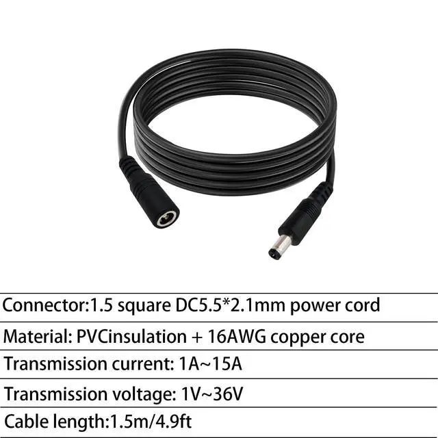 Alt view image 2 of 4 - 2pcs 16AWG DC Power Extension Cable 5.5mmx 2.1mm Male to Female Connection Cable for CCTV Surveillance Camera Solar Panel LED Strip Light Energy Storage Power 4.9ft