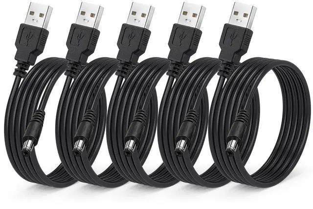 Main image of 5-Pack USB to DC Power Cable, 5V DC 5.5mm x 2.1mm Round Barrel Plug Charging Cable 5 ft