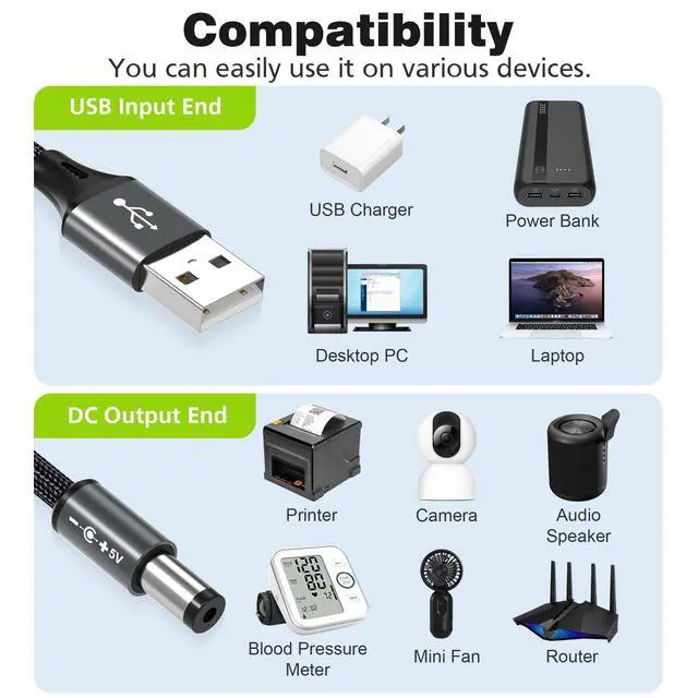 Alt view image 3 of 7 - 5ft USB to DC 5V Power Cord 5521(5.5x2.1mm)