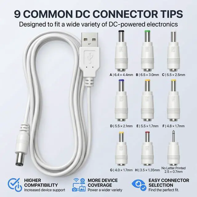 Alt view image 4 of 7 - 5V USB to DC Power Cable with 9 Connector Tips, 5.5x2.1mm Female Jack, Universal DC Plug Kit for Router, CCTV Camera, LED Lights, Digital Photo Frame UD01