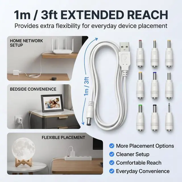 Alt view image 6 of 7 - 5V USB to DC Power Cable with 9 Connector Tips, 5.5x2.1mm Female Jack, Universal DC Plug Kit for Router, CCTV Camera, LED Lights, Digital Photo Frame UD01