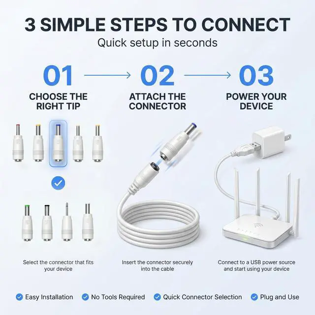 Alt view image 7 of 7 - 5V USB to DC Power Cable with 9 Connector Tips, 5.5x2.1mm Female Jack, Universal DC Plug Kit for Router, CCTV Camera, LED Lights, Digital Photo Frame UD01