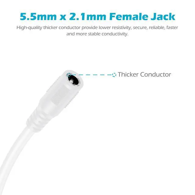 Alt view image 4 of 6 - 18 AWG 2-Pack 3FT DC Power Extension Cable, 5.5mm x 2.1mm Male to Female Barrel Plug Jack Power Supply Adapter 5.5x2.1mm Extension Cord for CCTV Surveillance Security Camera LED Strip, White