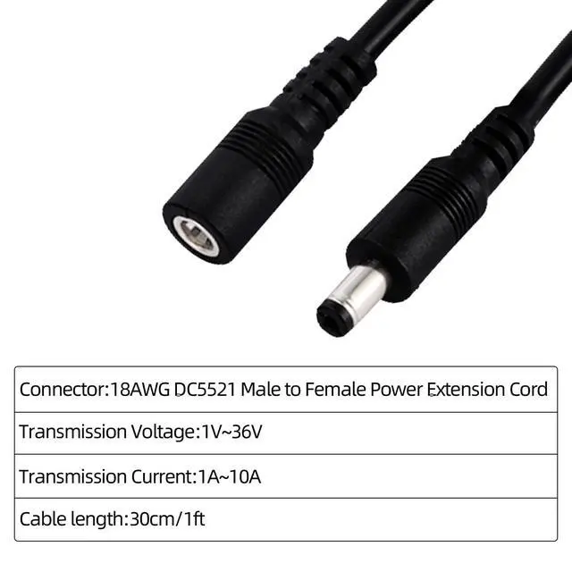 Alt view image 2 of 5 - 1FT DC Power Extension Cable 5.5mmx2.1mm 18AWG Male to Female 12V Extension Cable for CCTV Surveillance Camera Router LED Light Ba 2pcs
