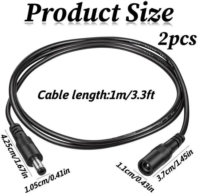 Alt view image 2 of 7 - 2 Pack 3.3 FT DC Power Extension Cable, 5.5mm x 2.1mm 18AWG Male to Female Extension Power Cord 12V Extension Cable Universal Plug Supply Adapter for CCTV Camera LED Strip Light Router 3D Printer