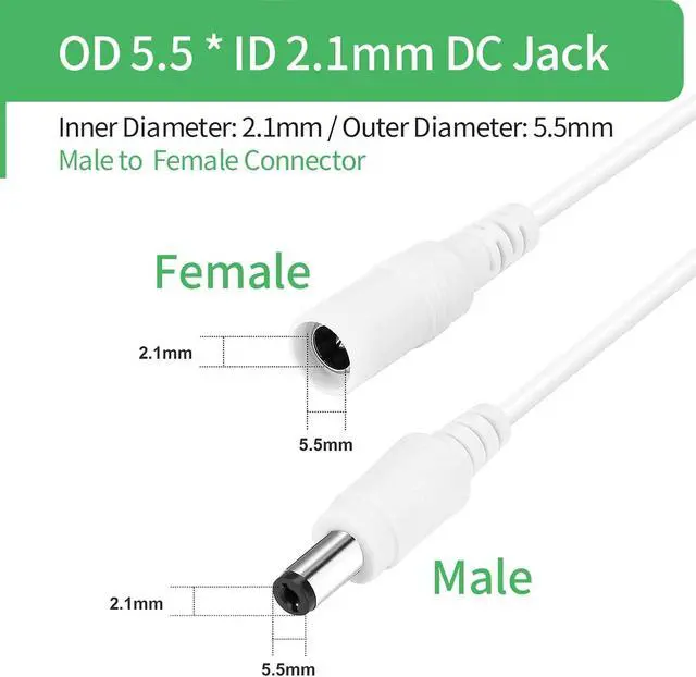 Alt view image 4 of 7 - DC Power Extension Cable 3.3FT, 12V/24V Power Adapter Extension Cord 5.5mm x 2.1mm for Security Camera CCTV IP, DVR,LED Strip,Male to Female Plug DC Power Supply Adapter Extender Wire,White-2Pack