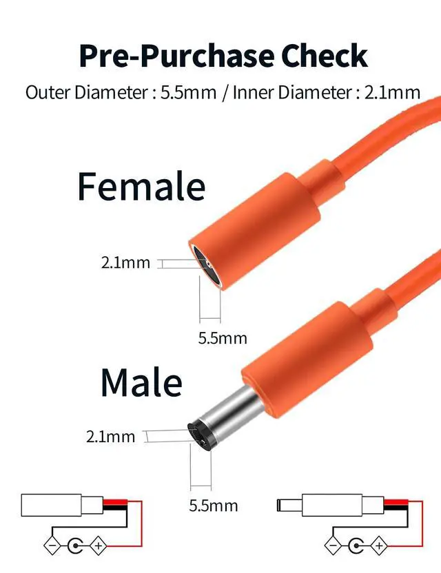 Alt view image 2 of 7 - 3.3FT DC Power Pigtails Cable 5.5mm x 2.1mm 16AWG Female Male Plug to Bare Wire Open End Repair Cord for LED Strip, 12V Battery Pack E-Bike Chargers Game Camera Solar Panel Security Camera