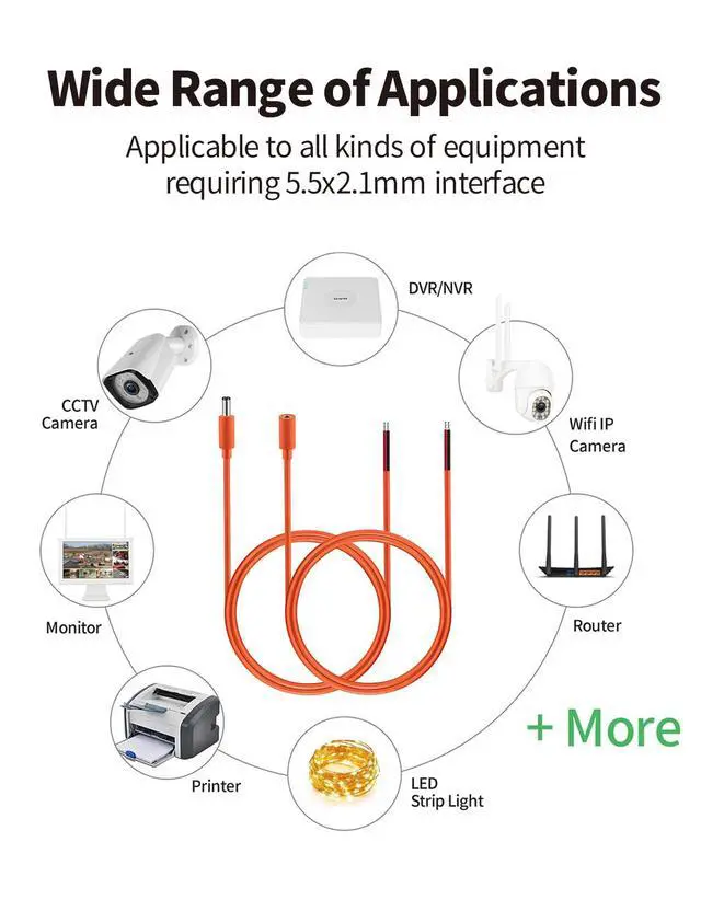 Alt view image 5 of 7 - 3.3FT DC Power Pigtails Cable 5.5mm x 2.1mm 16AWG Female Male Plug to Bare Wire Open End Repair Cord for LED Strip, 12V Battery Pack E-Bike Chargers Game Camera Solar Panel Security Camera