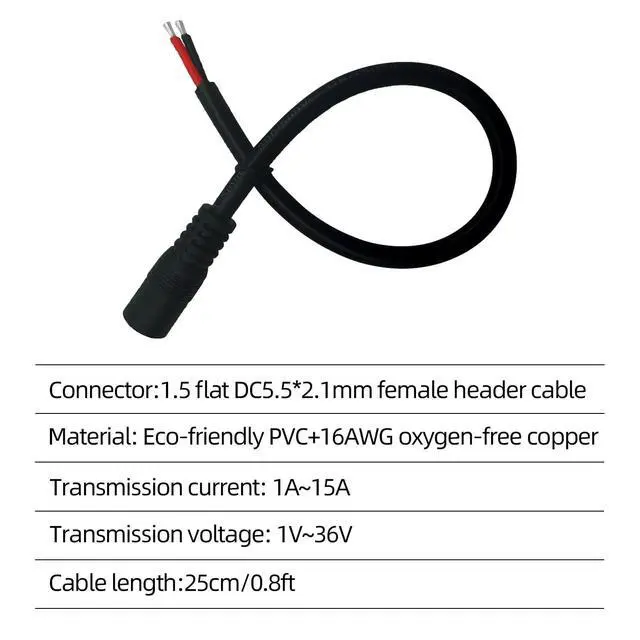 Alt view image 3 of 4 - 0.8FT DC Pigtail Cable 5.5mmx2.1mm Female 12V/24V Barrel Connector Maintenance Power Cord 16AWG for CCTV Security Camera LED Strip Solar Panel 3pcs